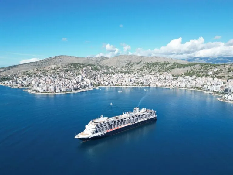 saranda albania aerial drone picture of city and ferry